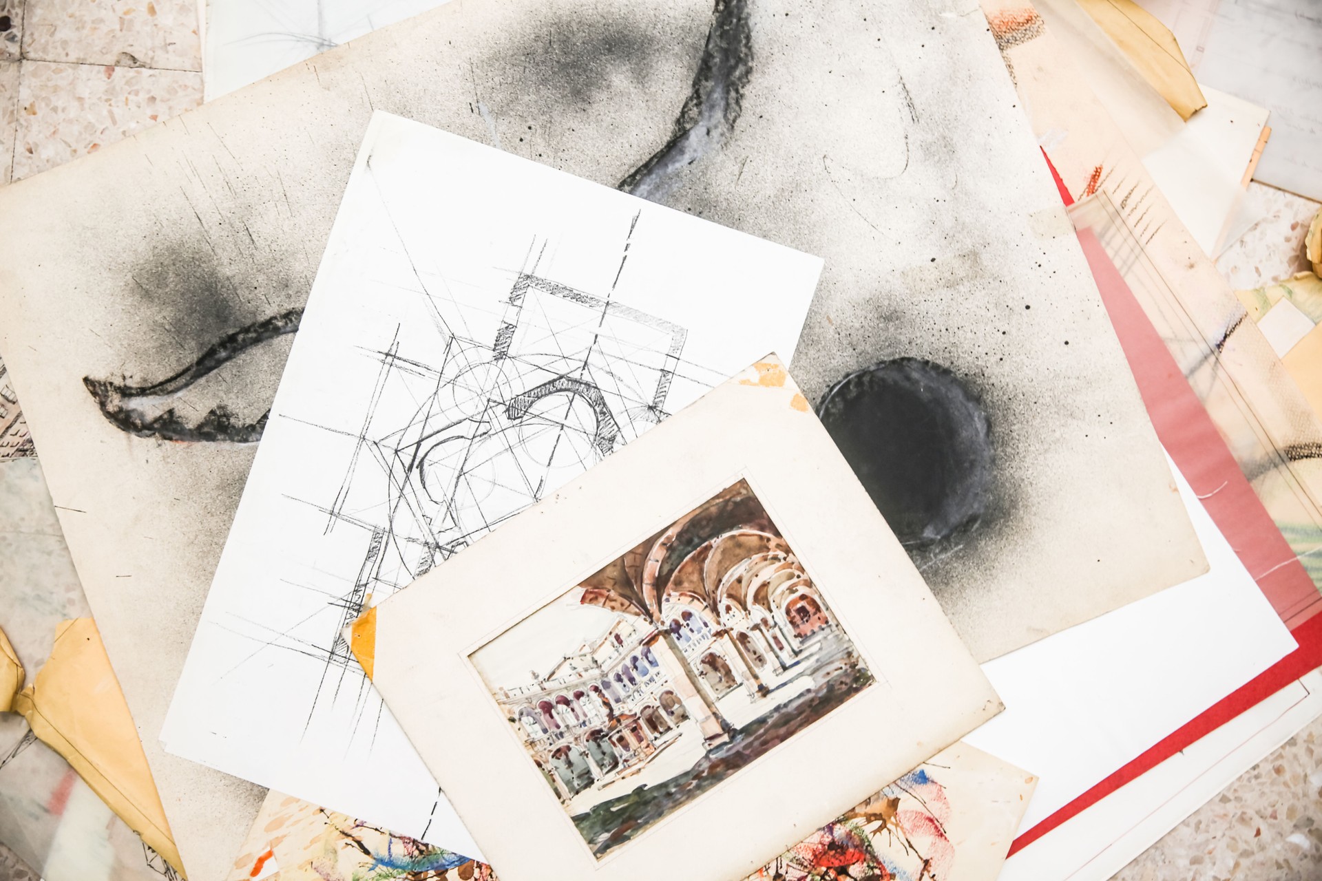 Top view of stacked art works